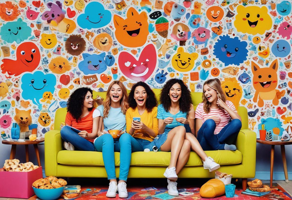A vibrant collage featuring fun and quirky scenes of women enjoying lighthearted moments, like laughing while watching funny videos on a couch, playful pets joining in on the fun, and snacks scattered around. The background should include colorful imagery that reflects humor and joy, such as animated emojis and cartoon-style laughter. The overall tone is cheerful and inviting, creating an atmosphere perfect for relaxation and entertainment. vibrant colors. playful cartoon style.