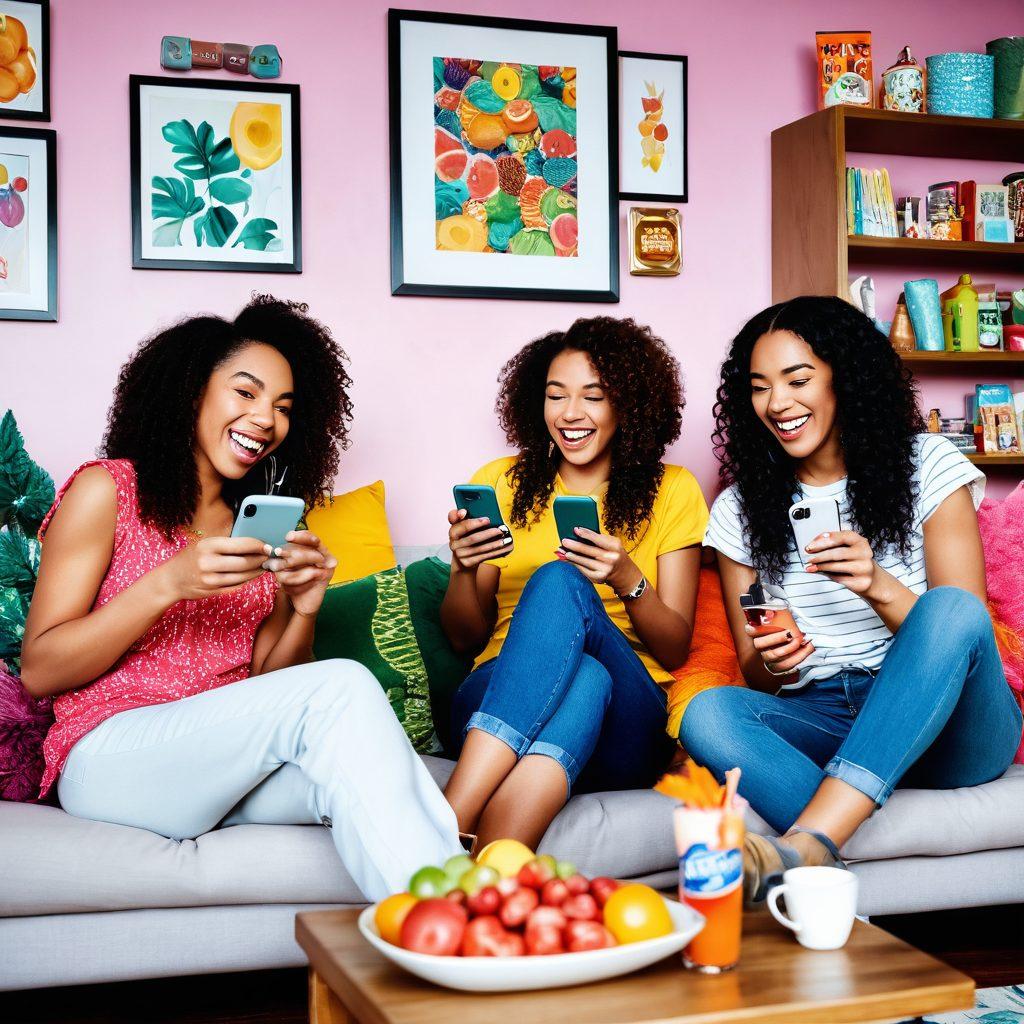 A lively scene depicting a diverse group of women joyfully watching funny videos on their phones, surrounded by colorful snacks and drinks. Their expressions should reflect laughter and delight, incorporating elements of feminine charm like stylish clothing and playful decor. The backdrop features a cozy living room with bright, cheerful colors and whimsical art on the walls. super-realistic. vibrant colors. cozy atmosphere.