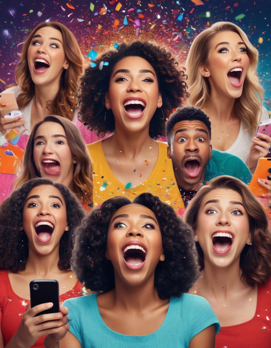 A collage of vibrant and joyful scenes featuring diverse women reacting to viral videos, with colorful confetti and sparks of excitement in the background. Include elements like smartphones and social media icons to represent the digital nature of the content. Depict expressive facial features showcasing laughter and surprise. Create an atmosphere of celebration and shared joy. colorful, super-realistic, high-energy.